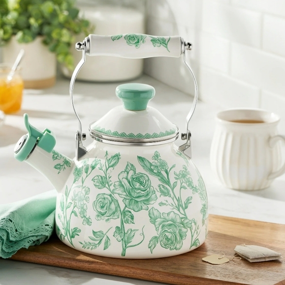 ❤️ 2025 The Pioneer Woman Agatha  Green and White Floral Whistling Tea Kettle
